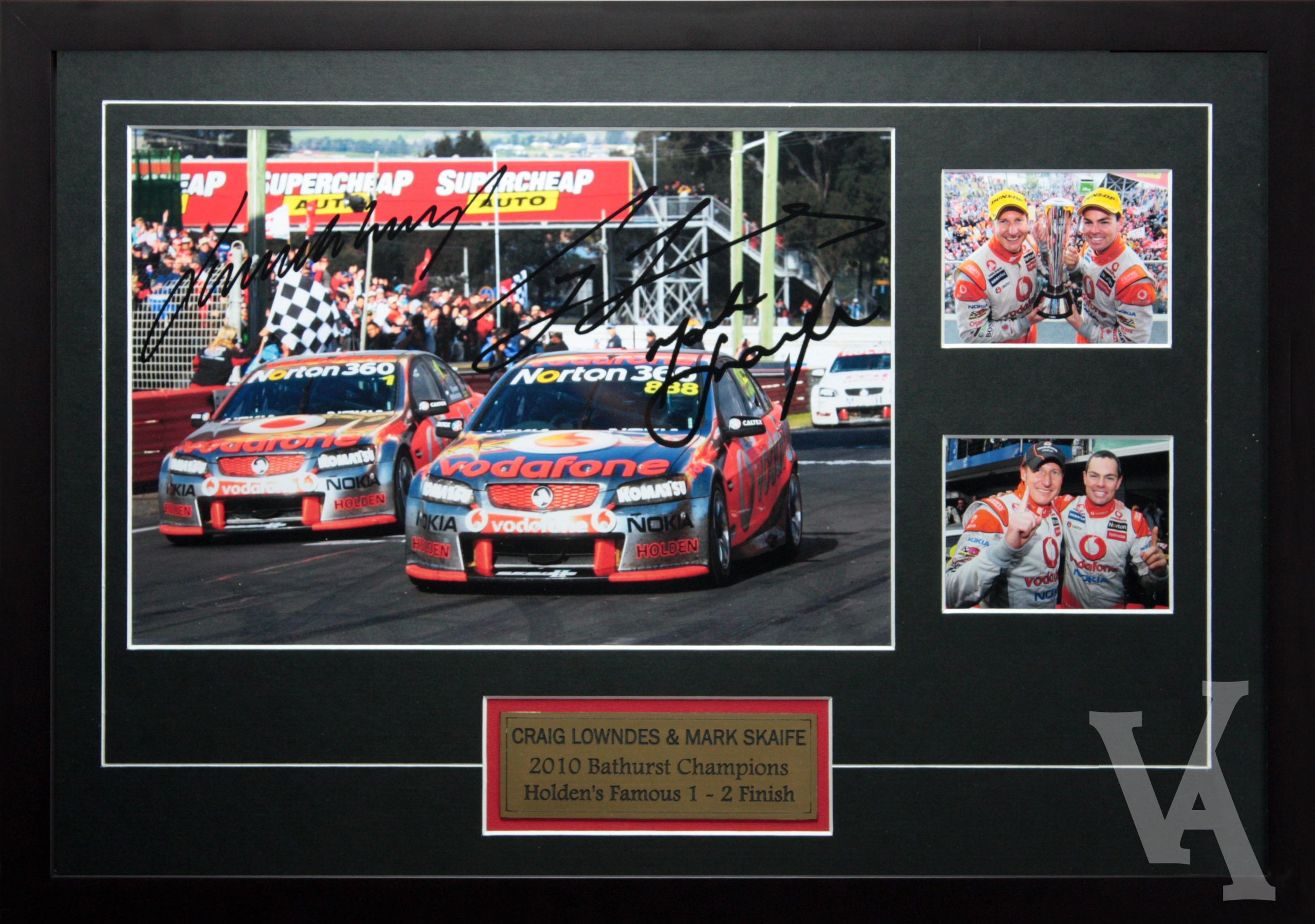 Craig Lowndes & Jamie Whincup Signed & Framed Motor Racing Memorabilia. Team Vodafone Holden 2010 VE Commodore Bathurst Winners.