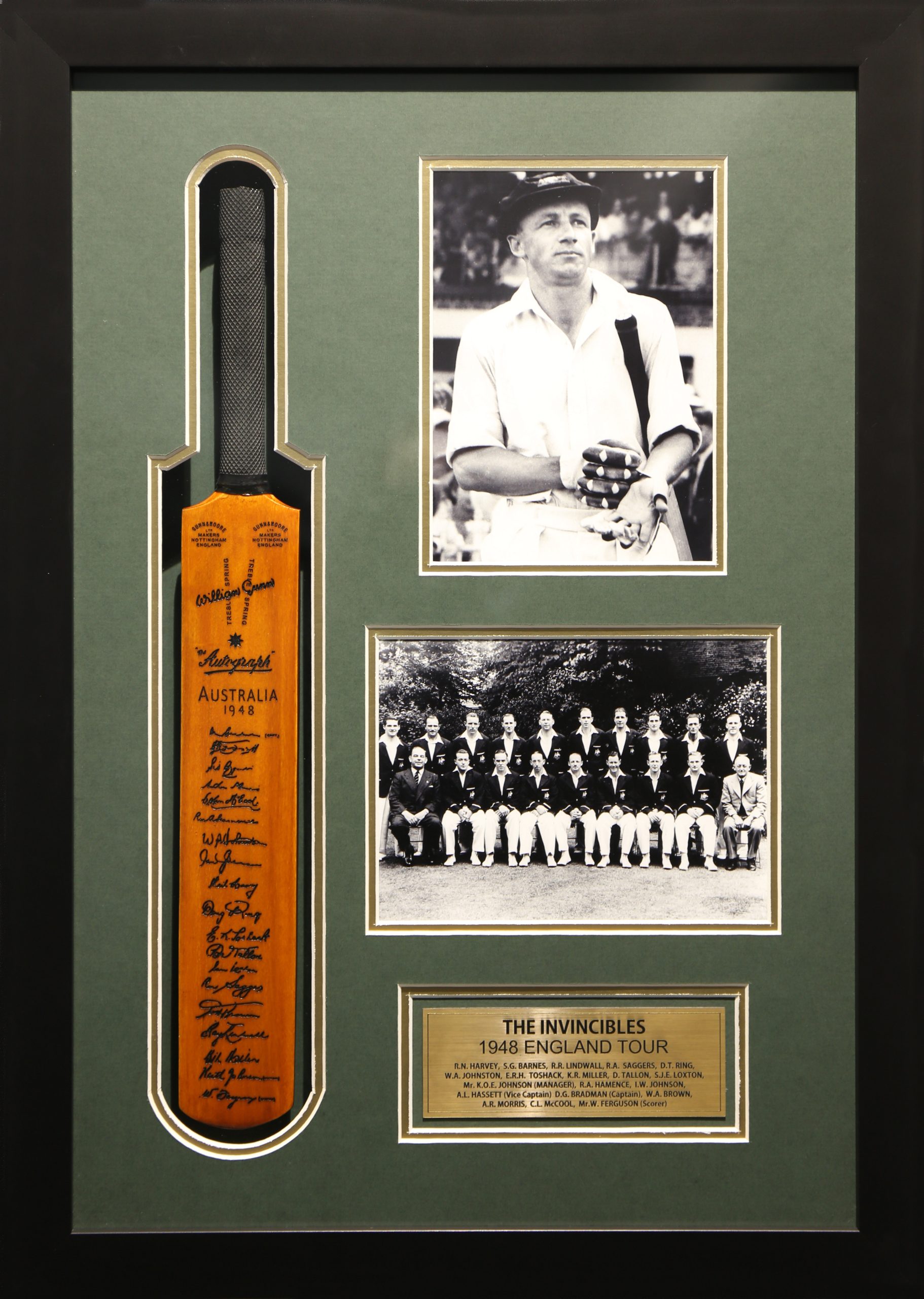 Don Bradman 1948 Invincibles Signed & Framed Cricket Bat. Contains an antique signed mini cricket bat.
