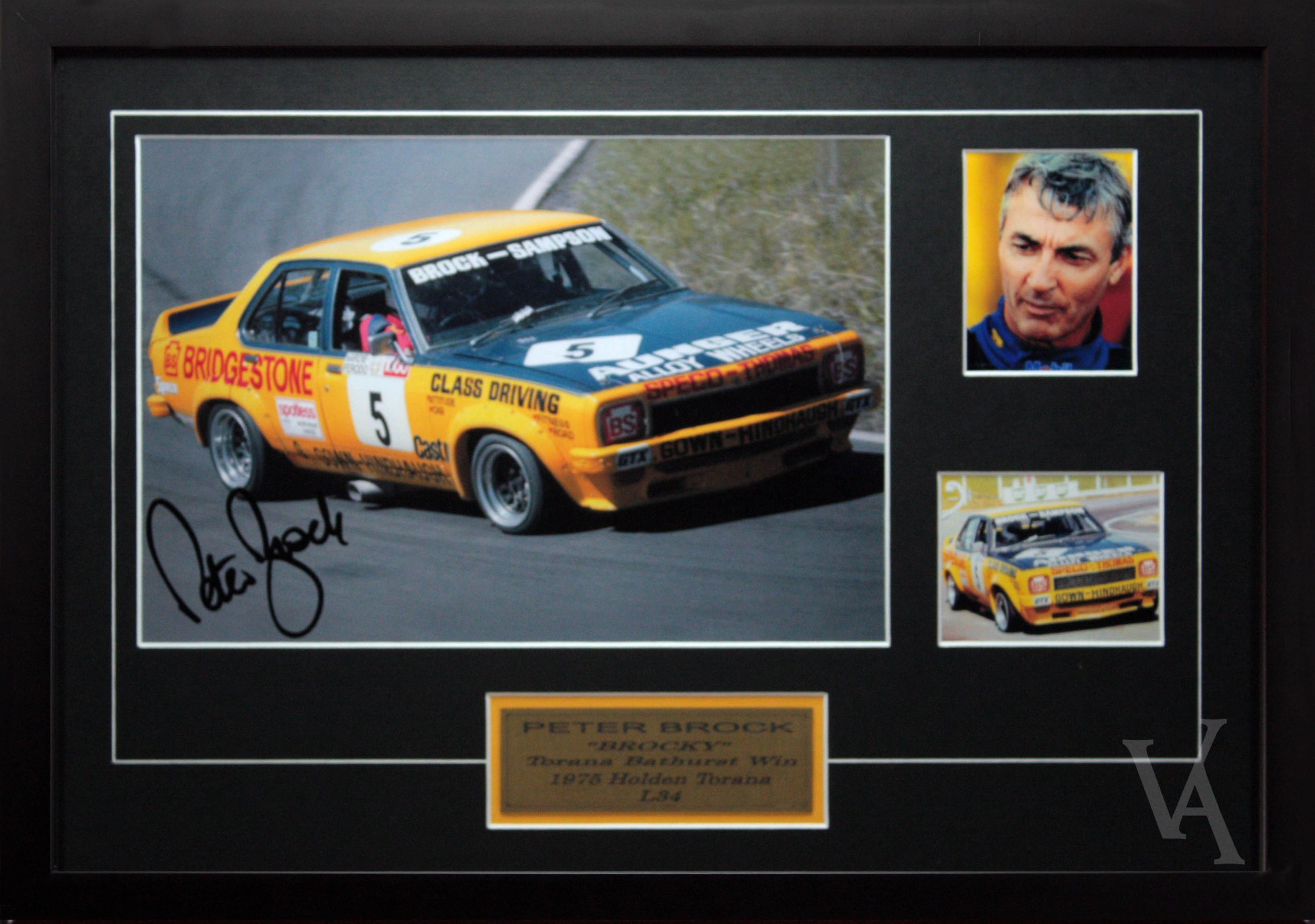 Peter Brock Signed & Framed Motor Racing Memorabilia. Bathurst Winner 1975 L34 Holden Torana.