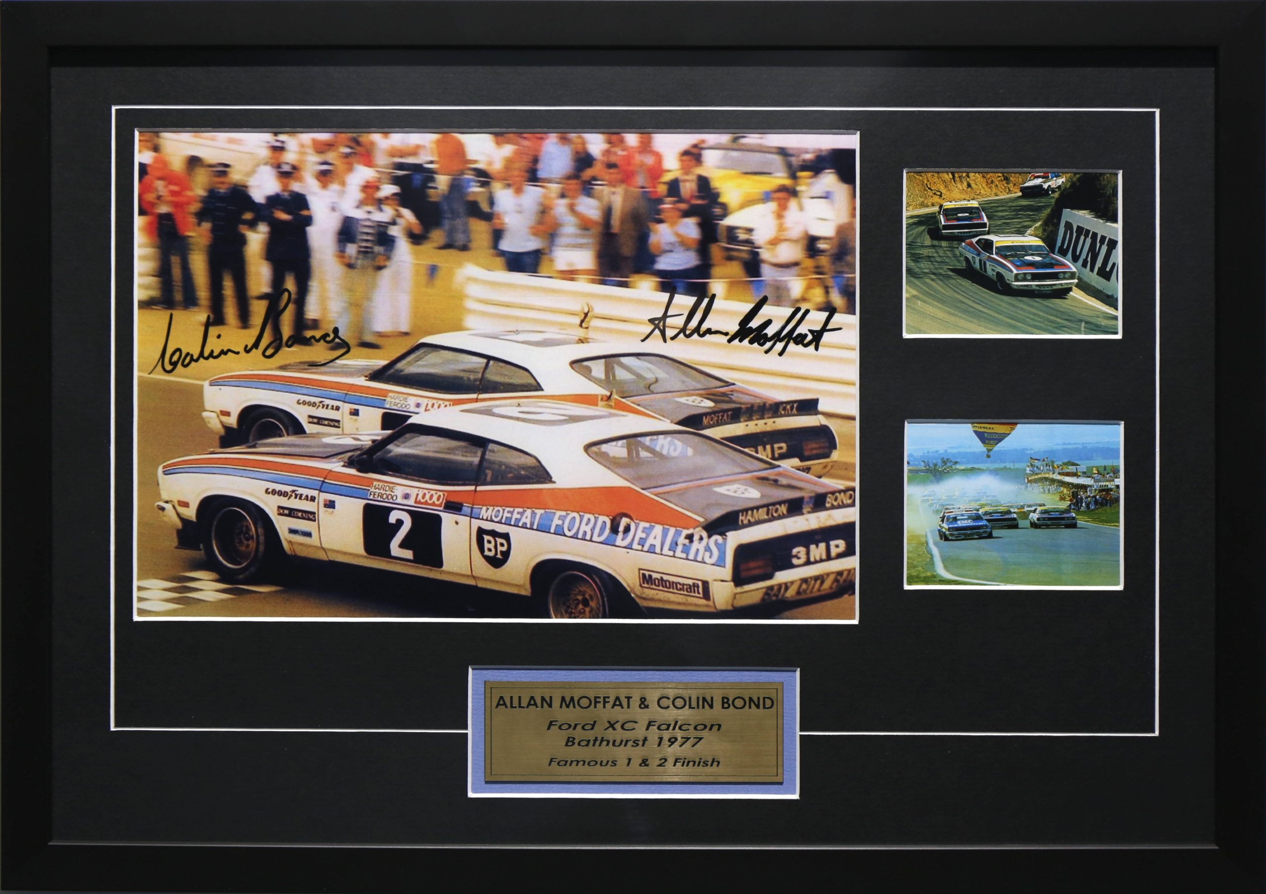 Allan Moffat & Colin Bond Signed & Framed Motor Racing Memorabilia. Bathurst 1977 Ford XC Falcon 1-2 Finish Winners.