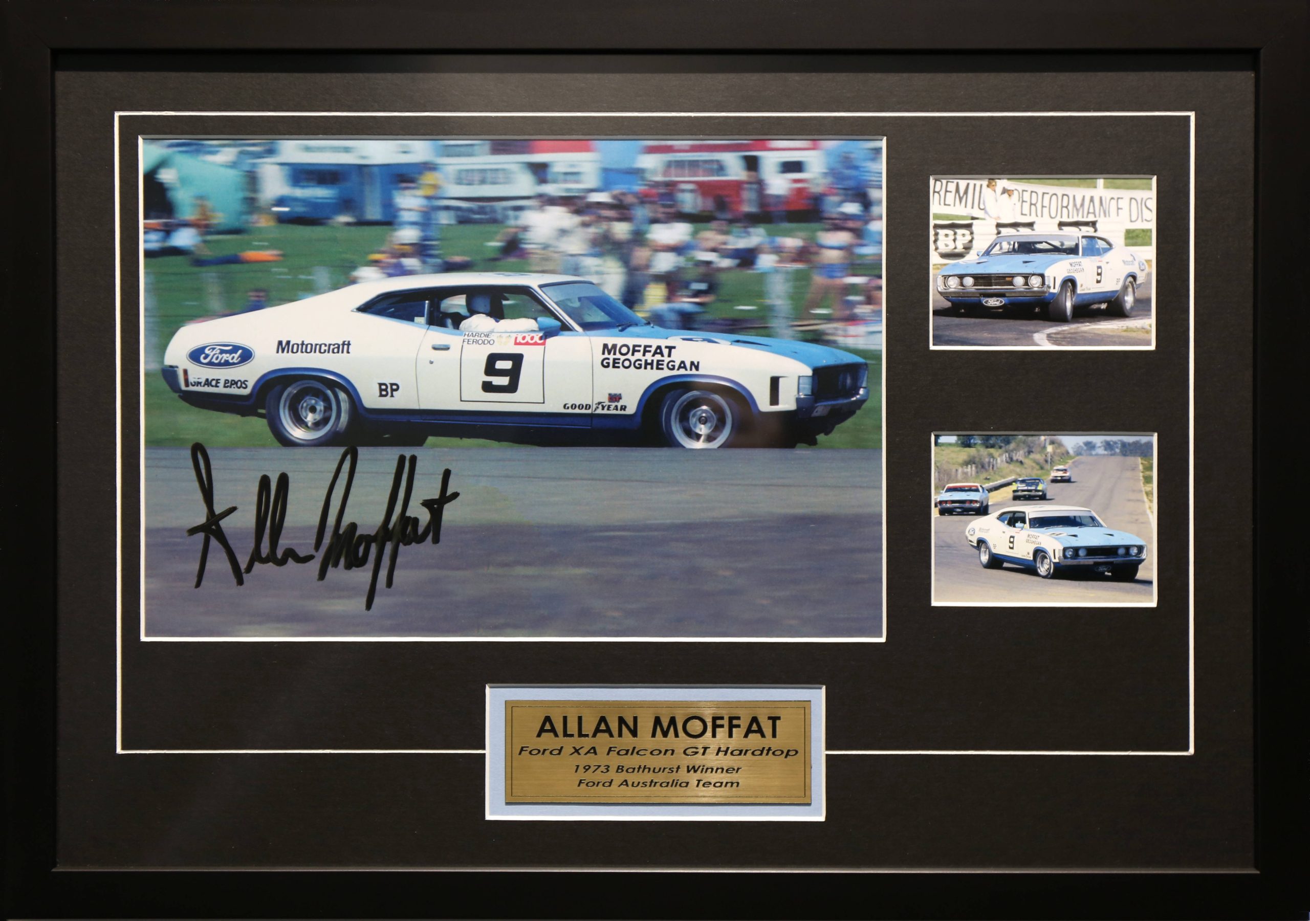Allan Moffat Signed & Framed Motor Racing Memorabilia. 1973 Ford XA Falcon GT Hardtop Bathurst Winner.