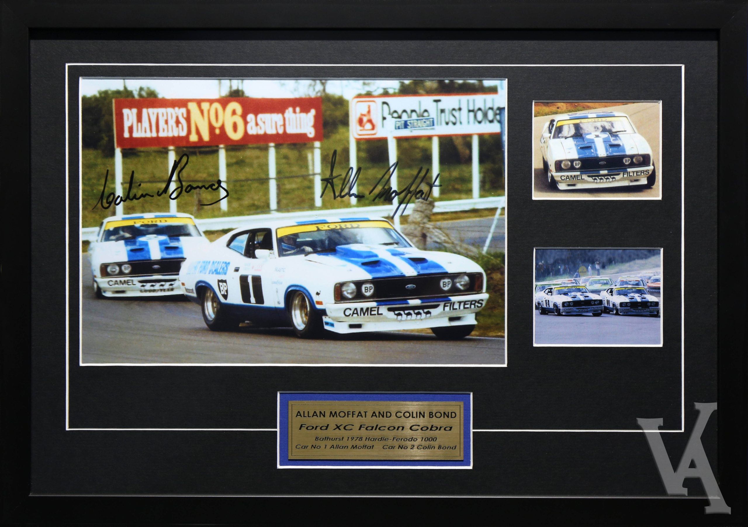 Allan Moffat & Colin Bond Signed & Framed Motor Racing Memorabilia. 1976 Ford XC Falcon Cobra Bathurst.
