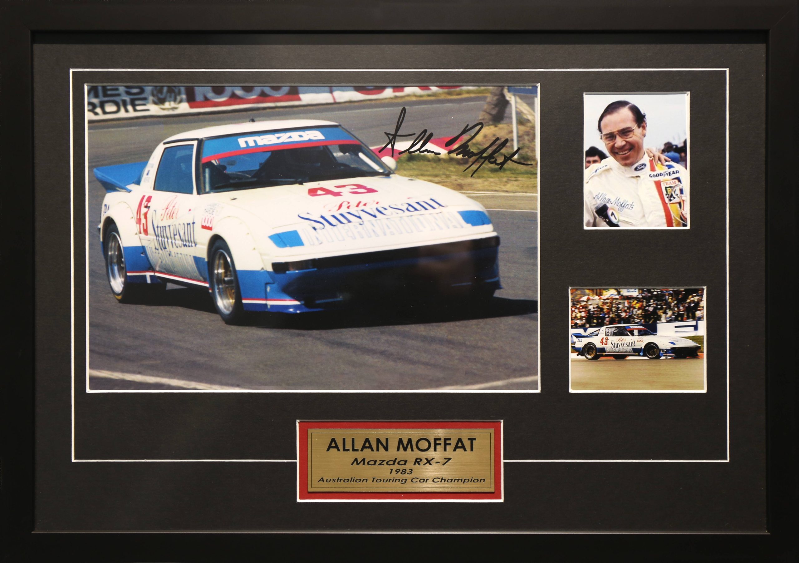 Allan Moffat Signed & Framed Motor Racing Memorabilia. 1983 Mazda RX-7 Australian Touring Car Champion.
