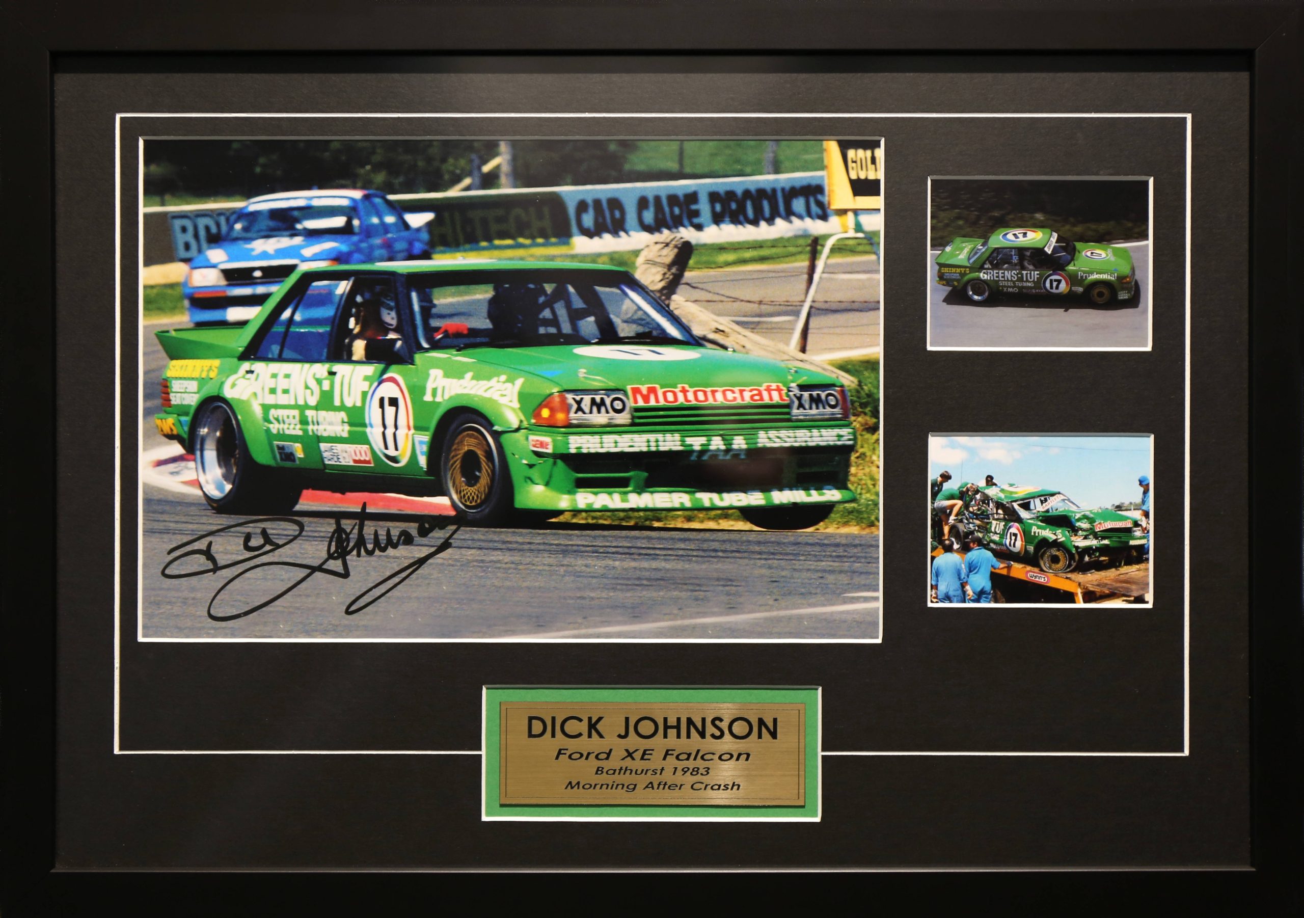 Dick Johnson Signed & Framed Motor Racing Memorabilia. Bathurst 1983 Ford XE Morning After Crash.