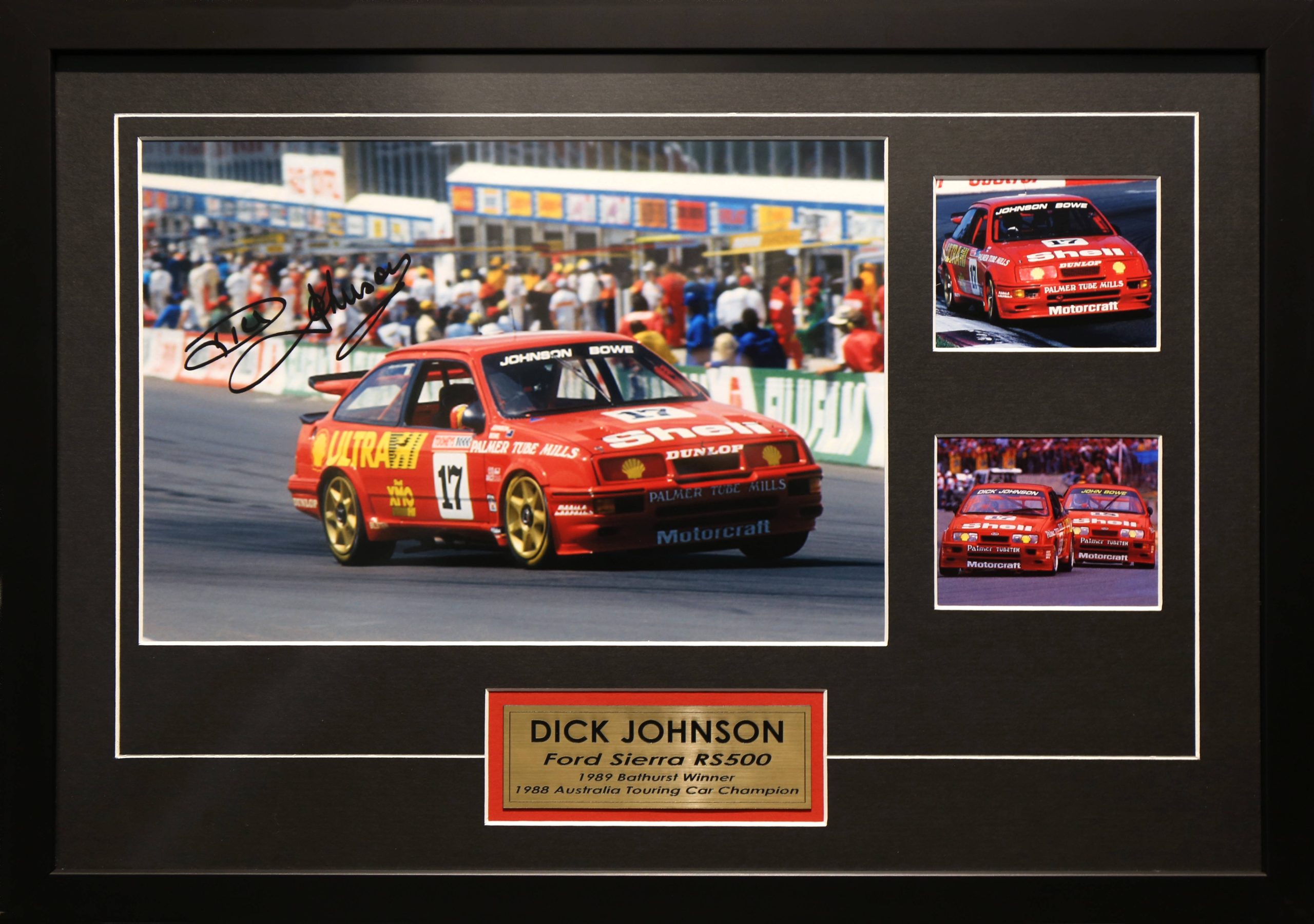 Dick Johnson Signed & Framed Motor Racing Memorabilia. Bathurst 1989 Ford Sierra RS500 Winner.