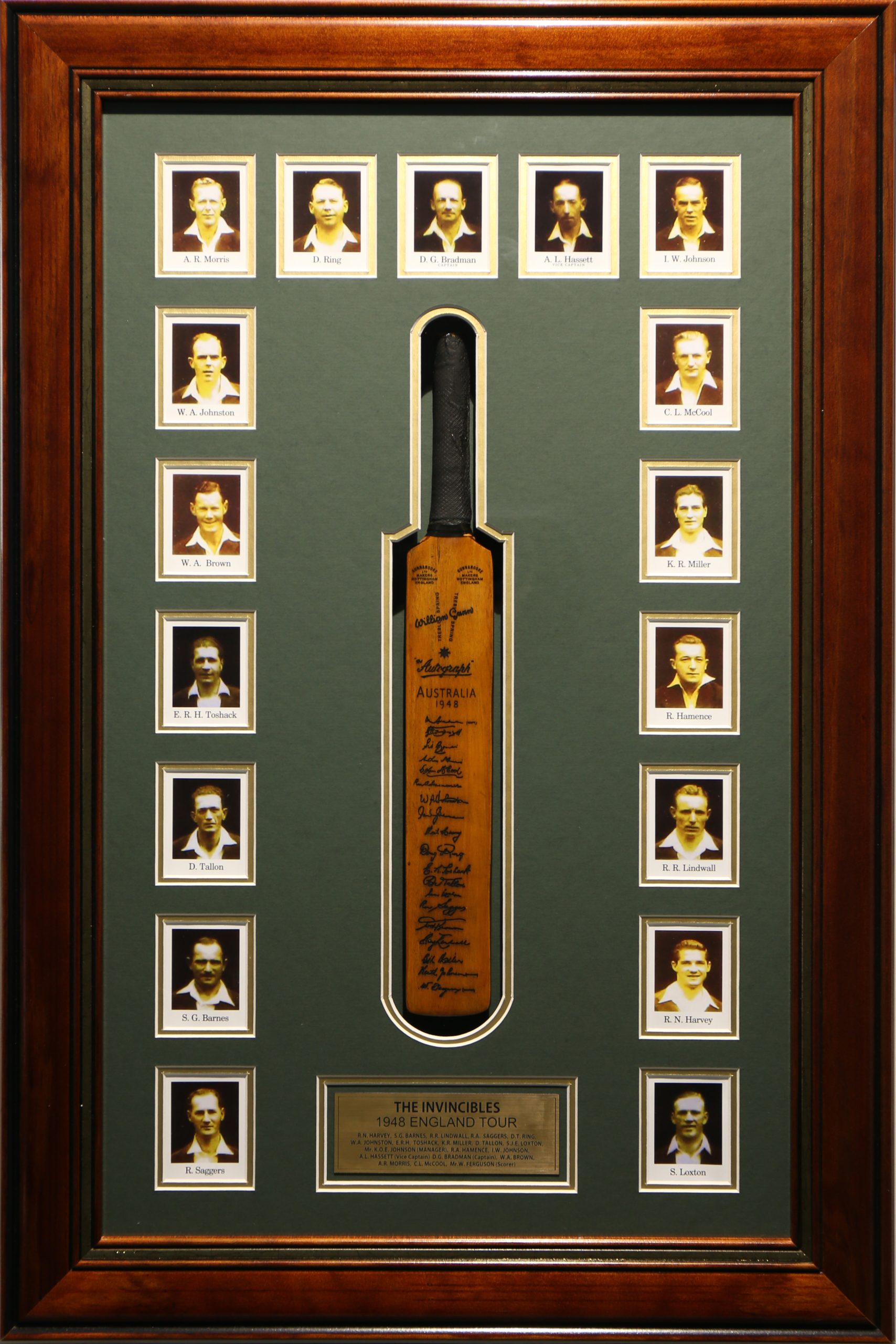 Don Bradman 1948 Invincibles Team Signed & Framed Cricket Bat. Contains an antique signed mini cricket bat.