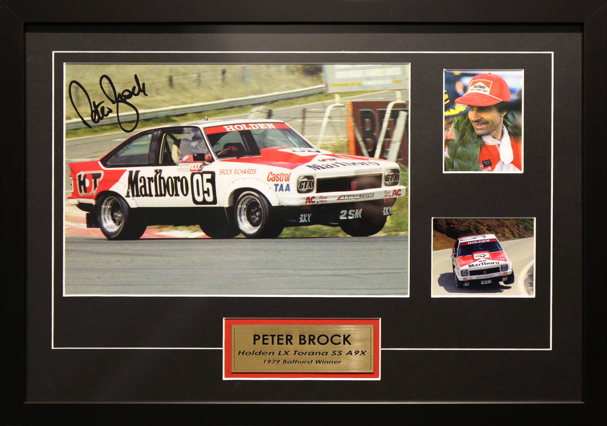 Peter Brock Signed & Framed Motor Racing Memorabilia. Bathurst 1979 Holden A9X Torana Winner.