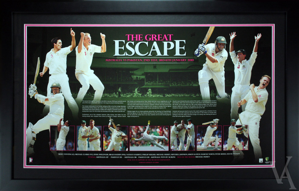 The Great Escape 2010 Australian Cricket Team Memorabilia. Custom framed in a 30mm black timber frame.