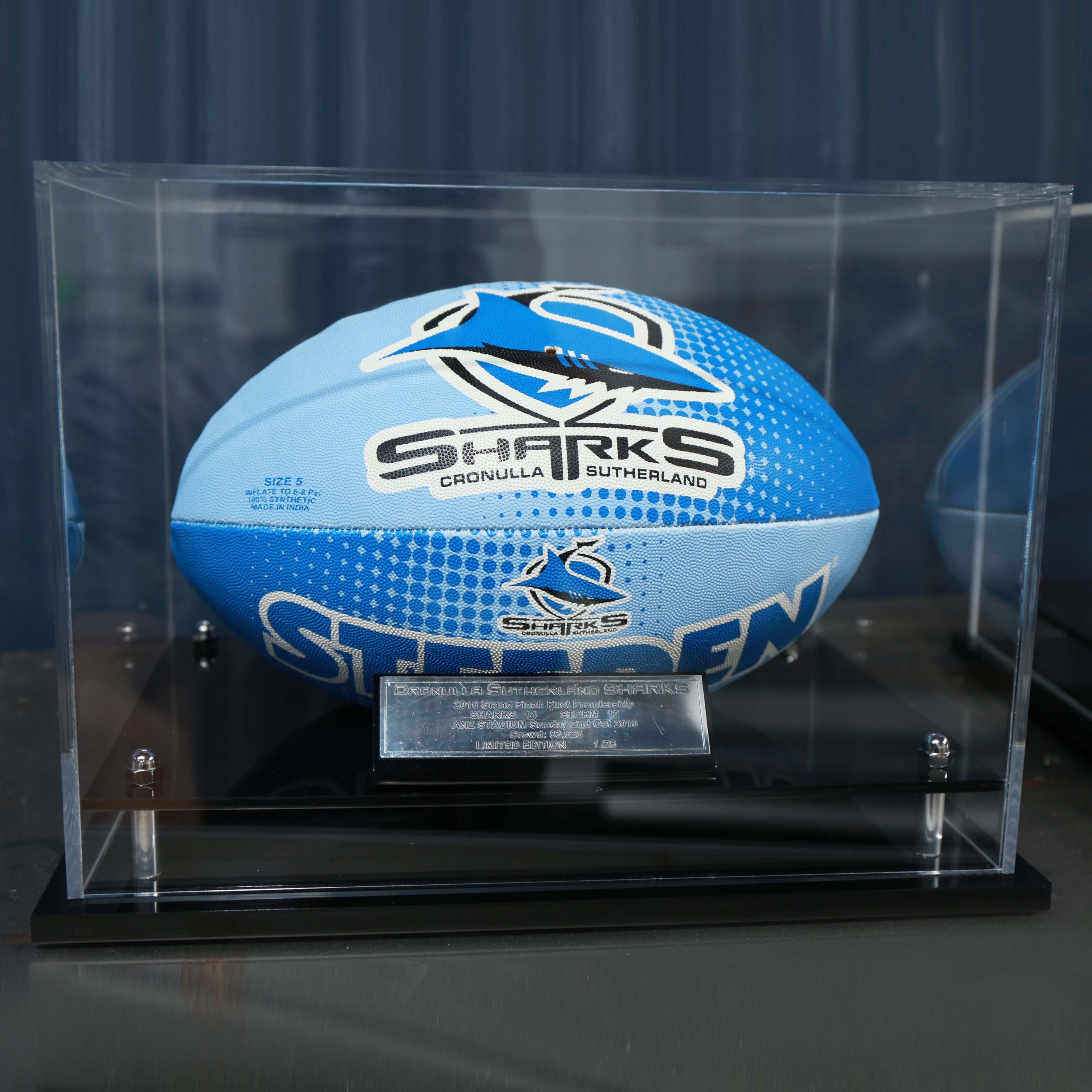Cronulla Sharks 2016 Rugby League Ball Acrylic Display Case. Designed to showcase and protect your NRL ball.