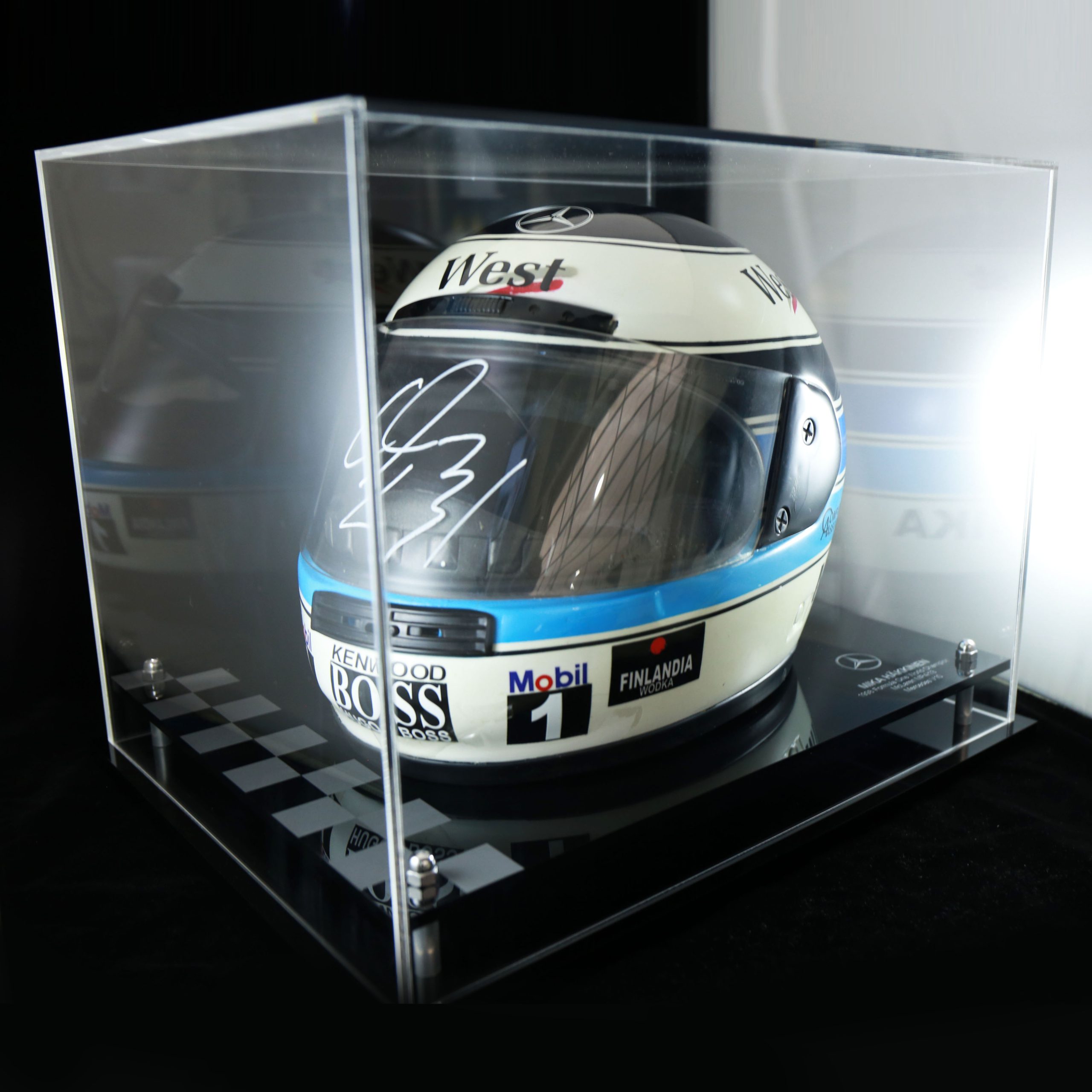 F1 Signed Mika Hakkanin Helmet Acrylic Display Case. 1998 F1 World Champion Mclaren Mercedes.