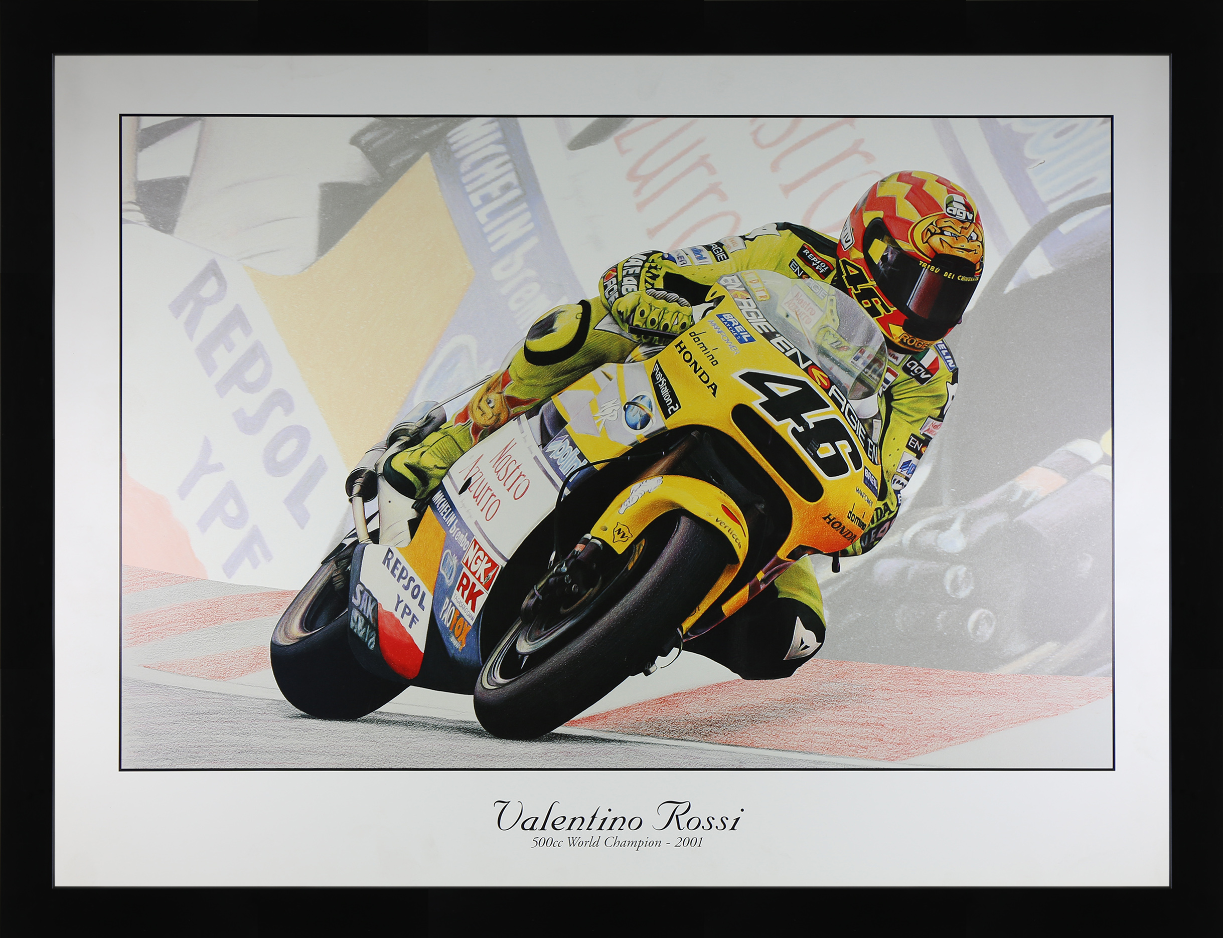 Valentino Rossi 2001 500cc Moto GP Framed Poster. Valentino Rossi "The Doctor" 2001 500cc Moto GP World Champion.