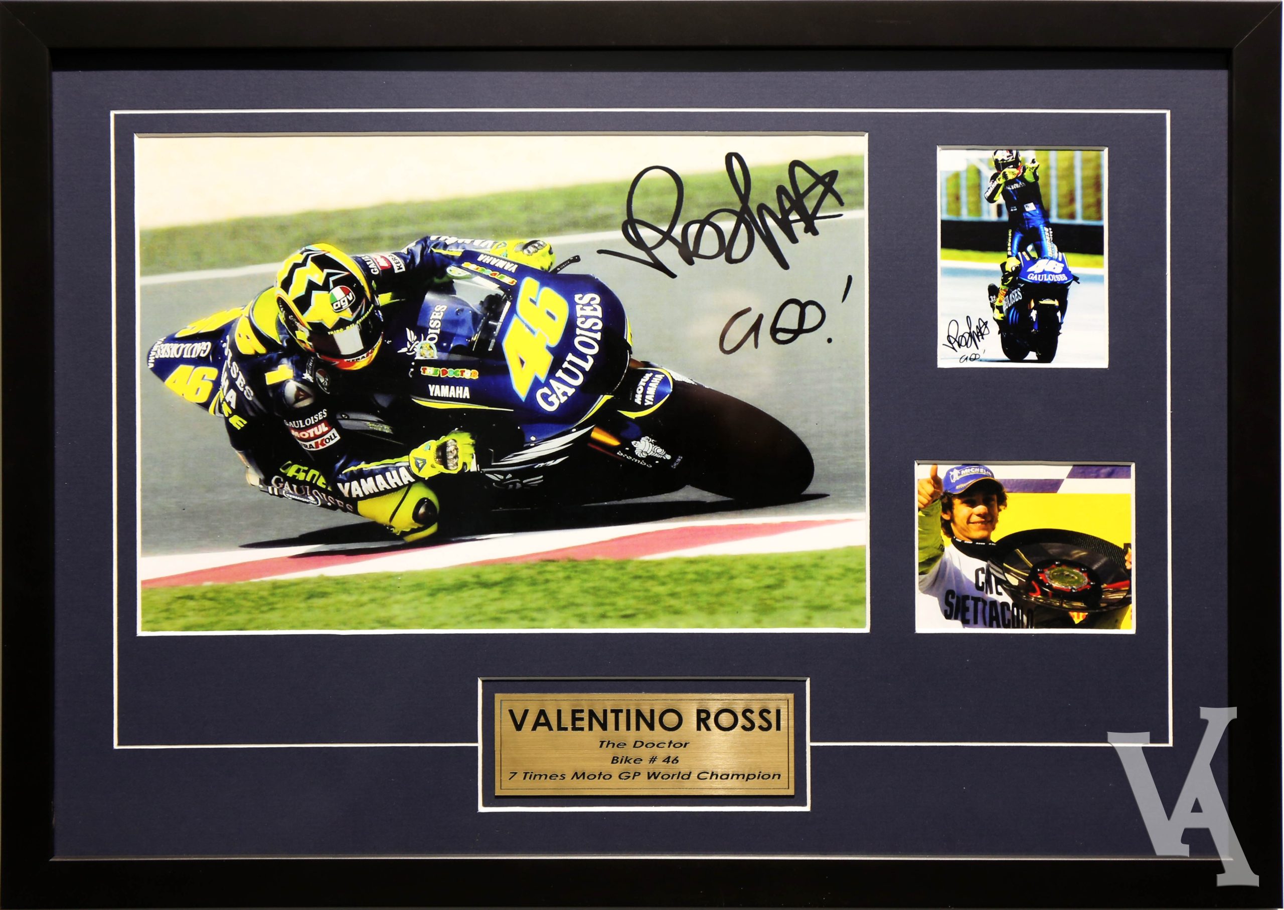 Valentino Rossi Signed & Framed Moto GP Racing Memorabilia. Valentino Rossi Team Yamaha "The Doctor" Moto GP World Champion.